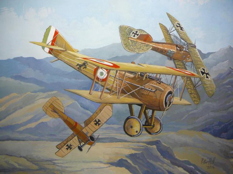 The image depicts two vintage biplanes with German crosses engaged in aerial maneuvering above a mountainous landscape, possibly during a WWI scenario.